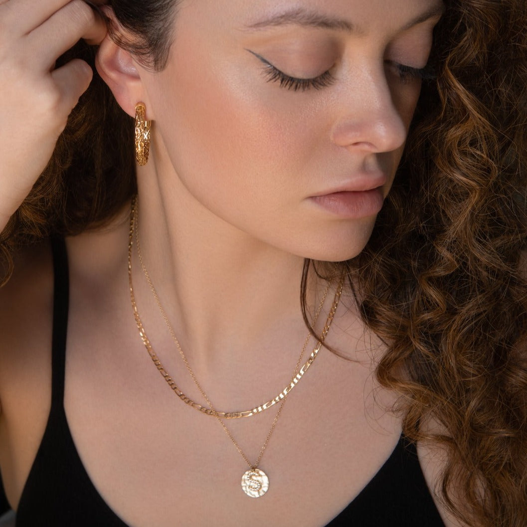 Distressed gold coin necklace with Alphabet charm and gold chain
