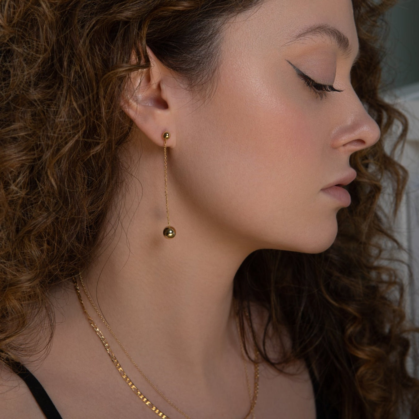 Gold Sphere & chain  Drop Earrings
