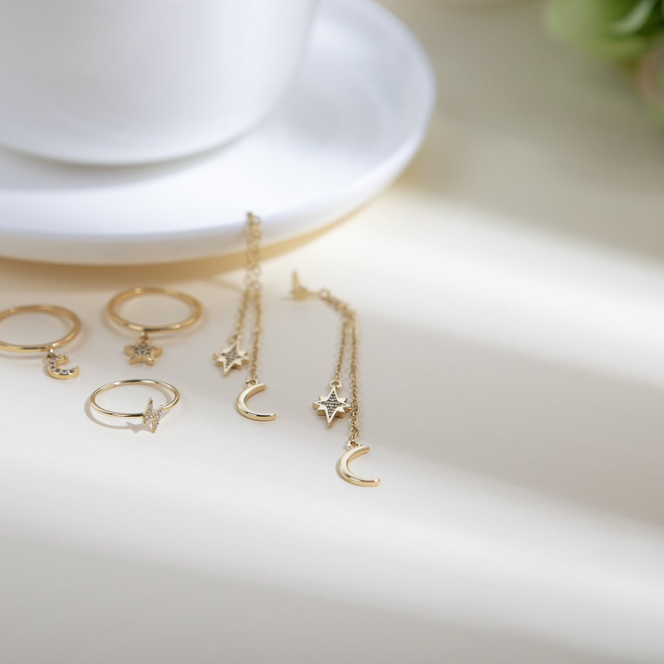 Gold Double chain star and moon drop earrings with gold moon and crystal embellished star