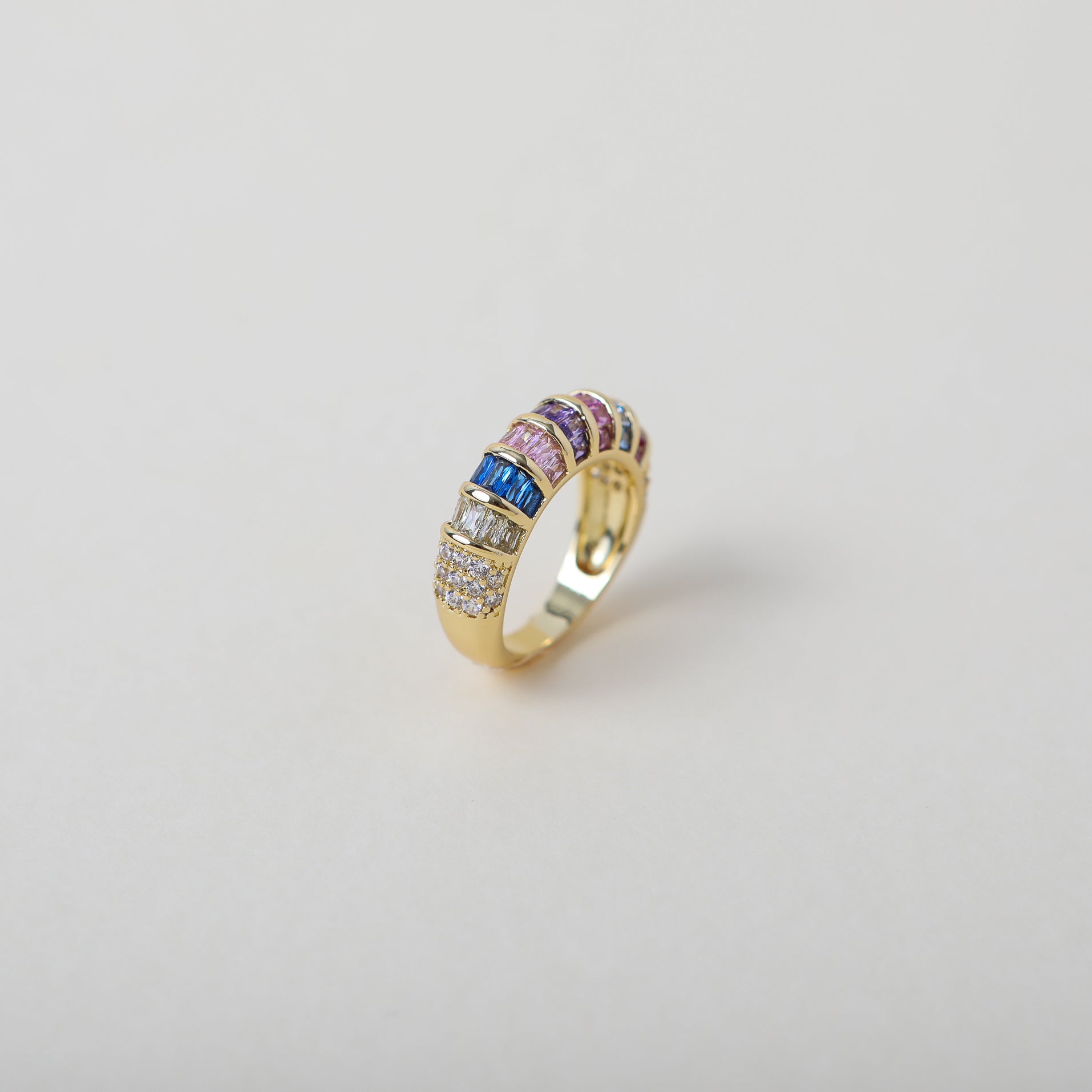 Multi-coloured baguette crystal and gold rings