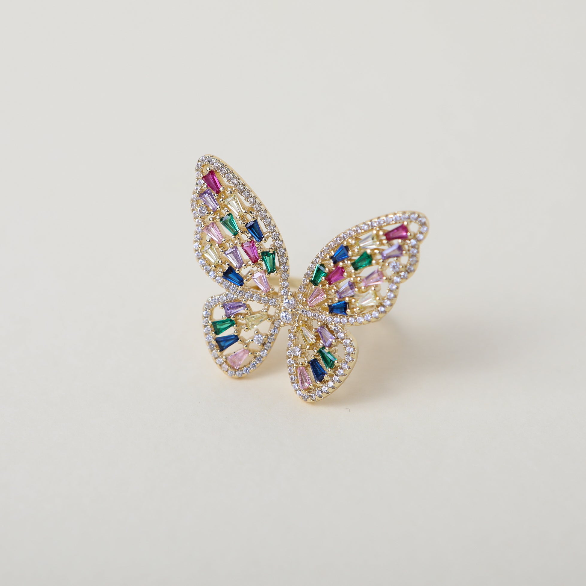 rainbow Crystal embellished gold butterfly cocktail ring