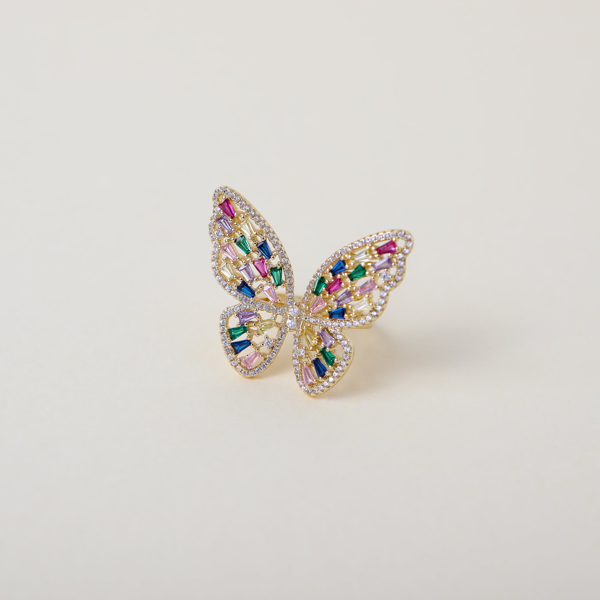 Pink Crystal embellished gold butterfly cocktail ring