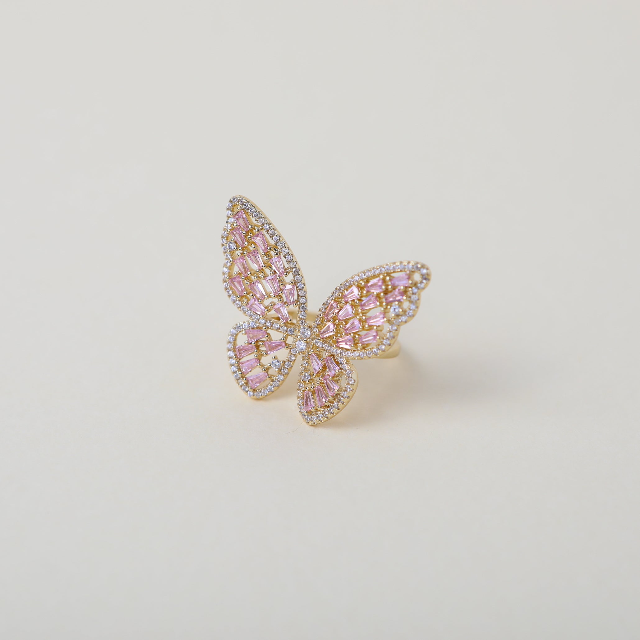 Pink Crystal embellished gold butterfly cocktail ring