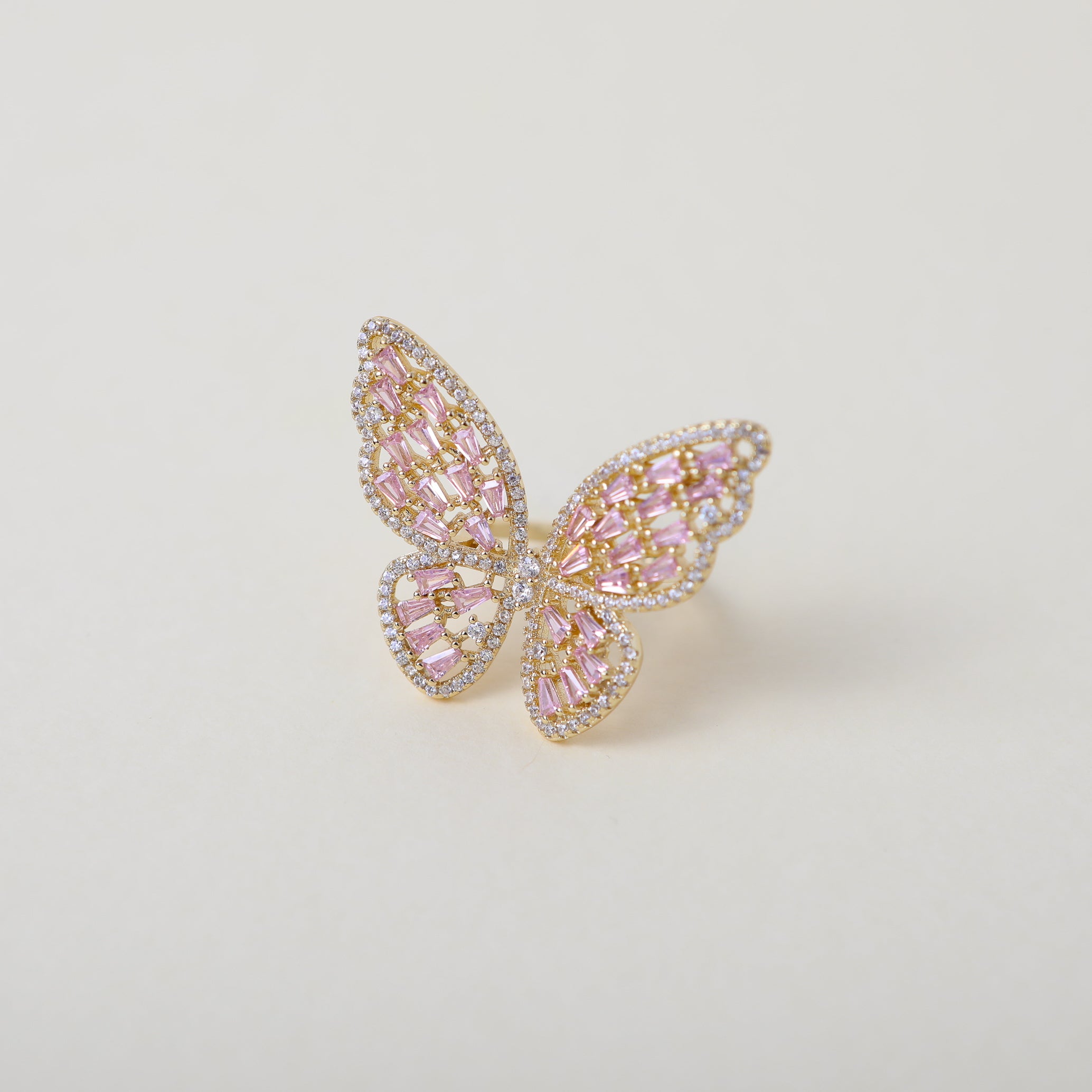 Pink Crystal embellished gold butterfly cocktail ring