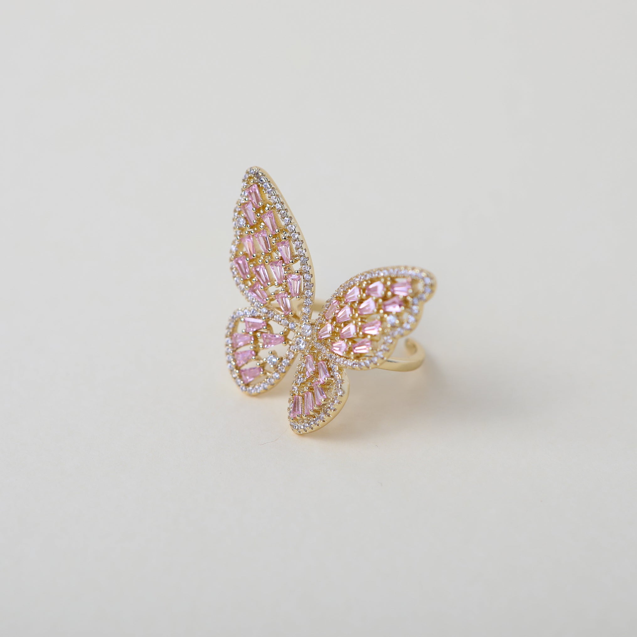 Pink Crystal embellished gold butterfly cocktail ring