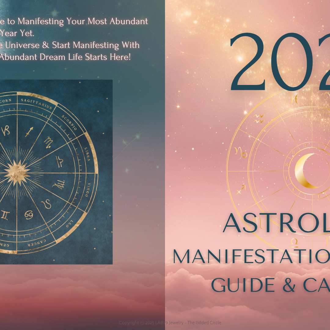 2025 Astrology Manifestation Mastery Guide & Calendar with astrological symbols on a gradient background