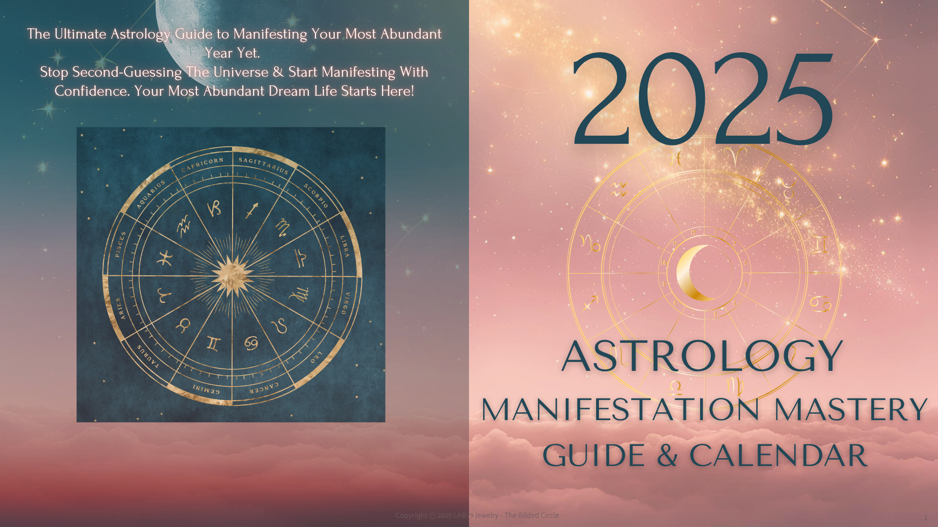 2025 Astrology Manifestation Mastery Guide & Calendar with astrological symbols on a gradient background