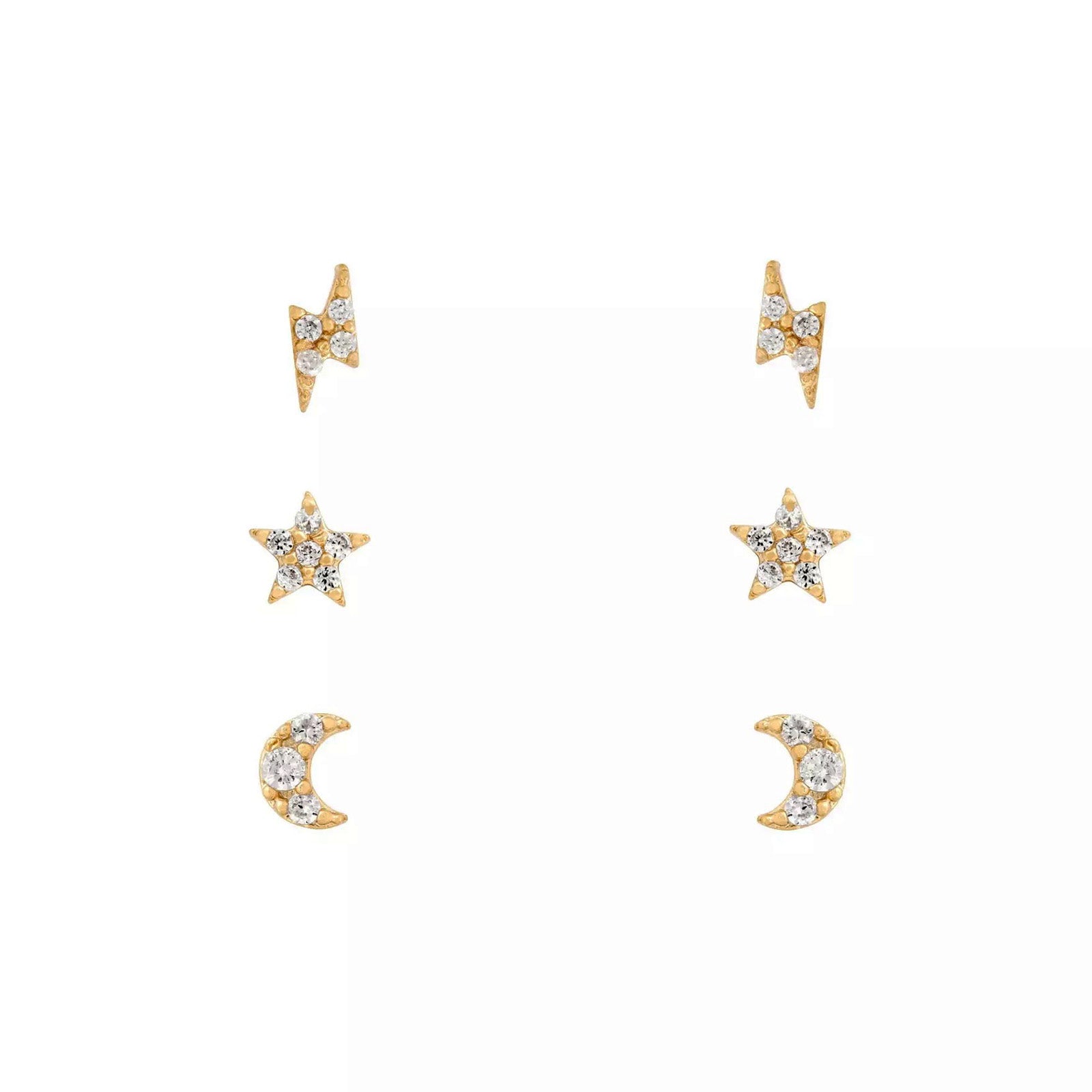 Three sets of gold studs, gold and crystal star, moon and lighting bold