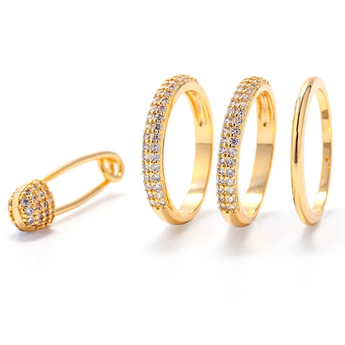 Stackable crystal and gold safety pin ring