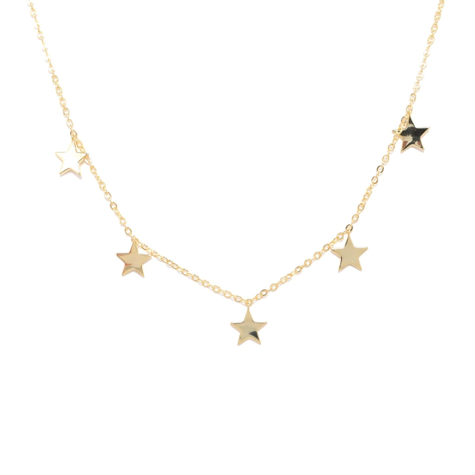 Gold star lined necklace with five stars placed at intervals along the chain