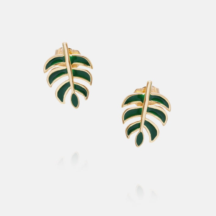 gold and green enamel leaf studs
