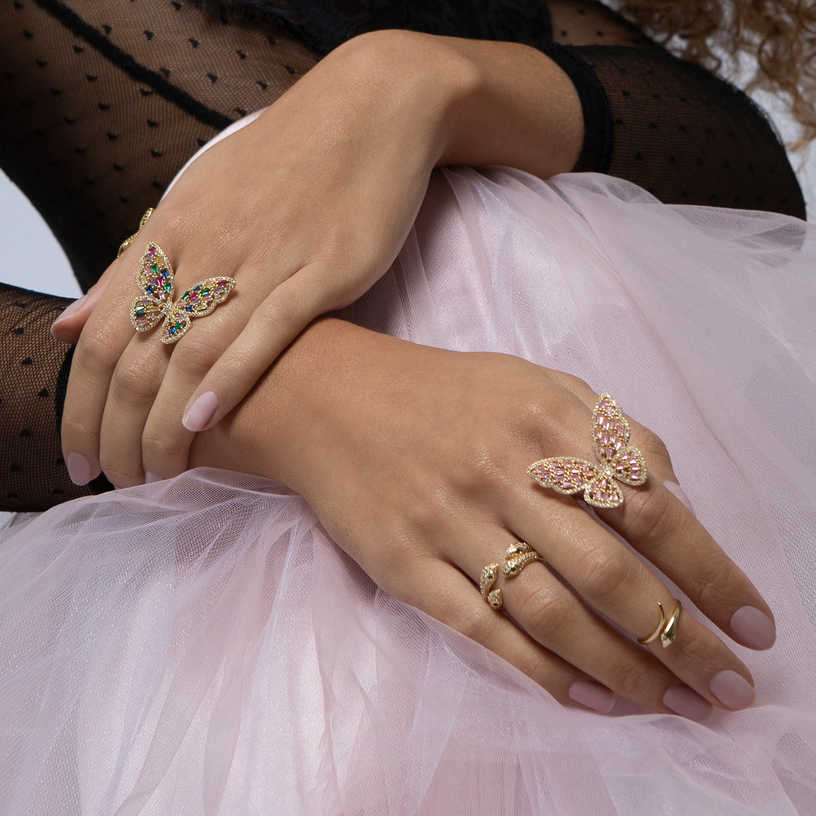 Pink Crystal & rainbow crystal Papillon Cocktail Ring