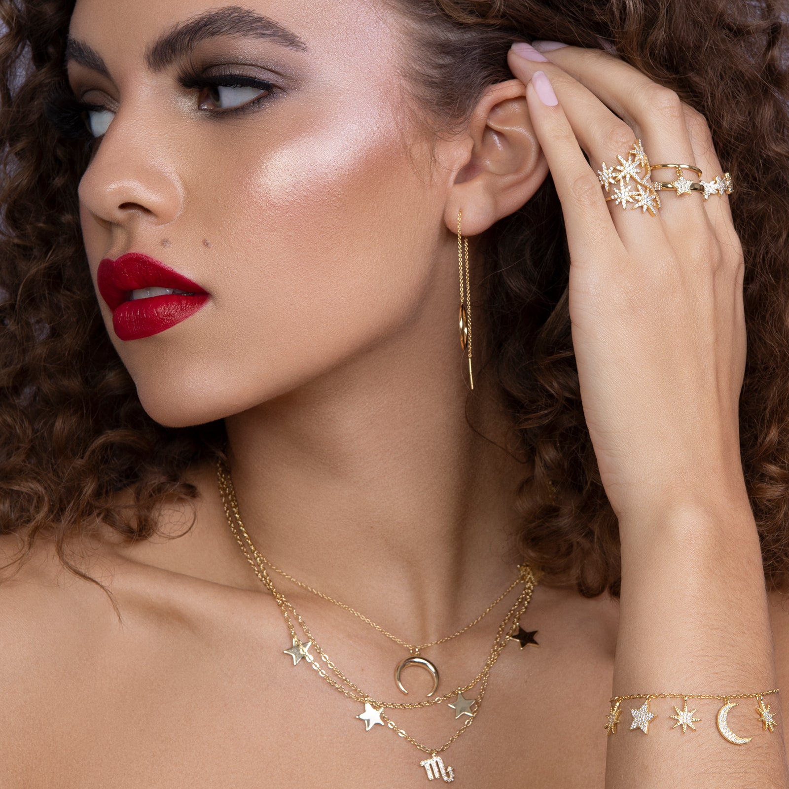 Gold thread through chain earrings with small hoop detail