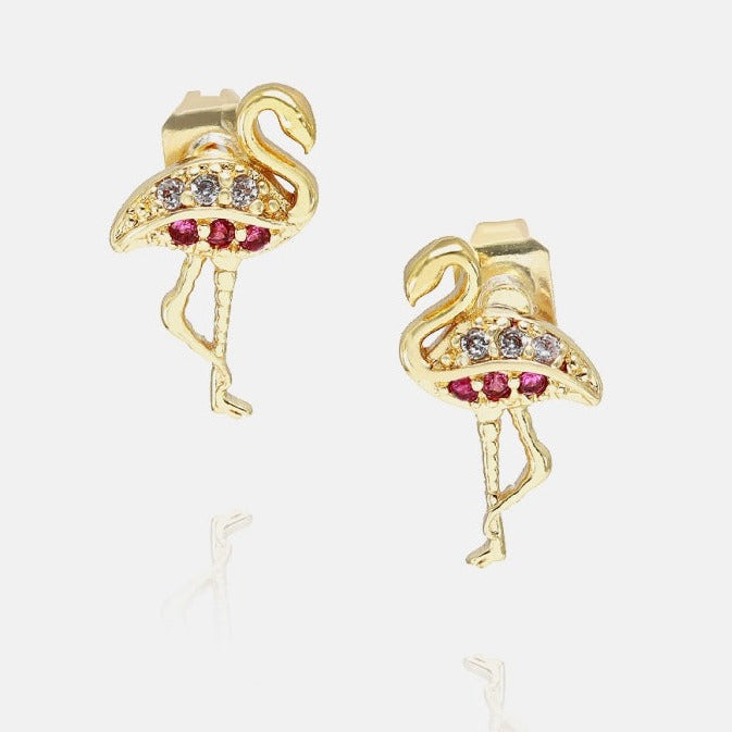 Pink and white crystal accented flamingo earring studs