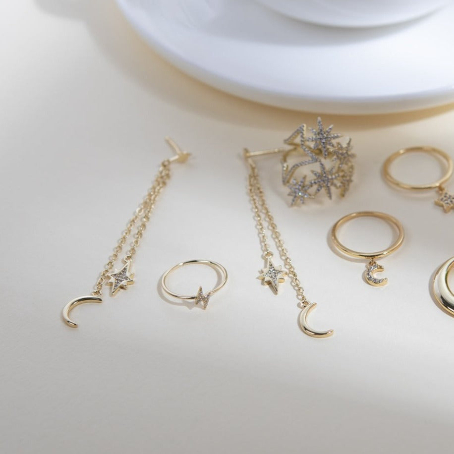 Gold Double chain star and moon drop earrings with gold moon and crystal embellished star