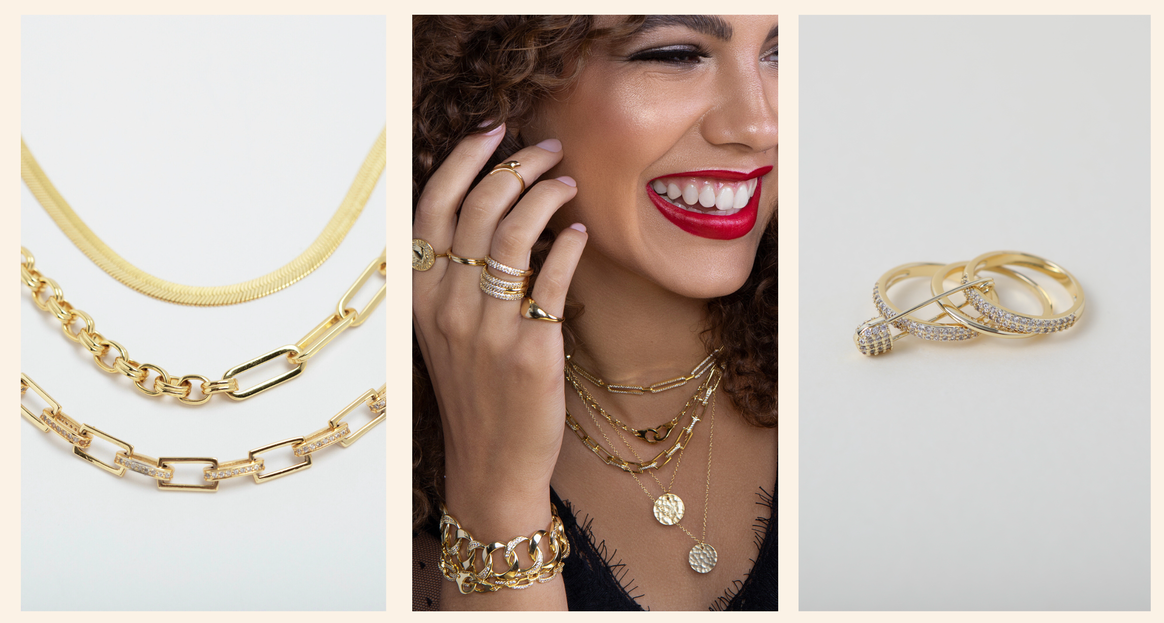 three images, first image 3 gold necklaces a herringbone necklace, a dual linked paperclip necklace & a crystal embellished box link necklace. Second image young woman wearing 5 layered necklaces, 3 layered bracelets and various rings stacked. Third image the darling pin ring, 3 gold bands with a crystal embellished safety pin holding them together.