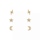 Three sets of gold studs, gold and crystal star, moon and lighting bold