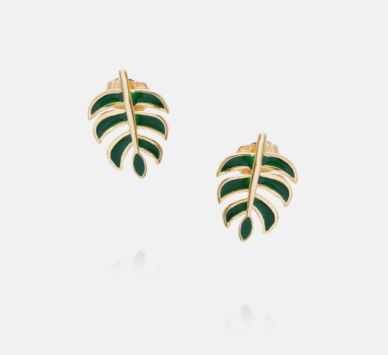 gold and green enamel leaf studs